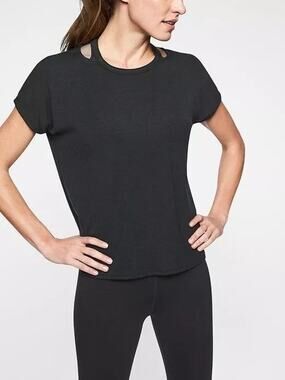 [Athleta] Black Glimpse Open Neck Cutout Short Sleeve T-Shirt Ribbed Sz Small S